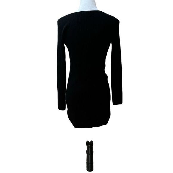Black Ribbed Knit Bodycon Mini Dress Long Sleeve V Neck - Picture 3 of 7